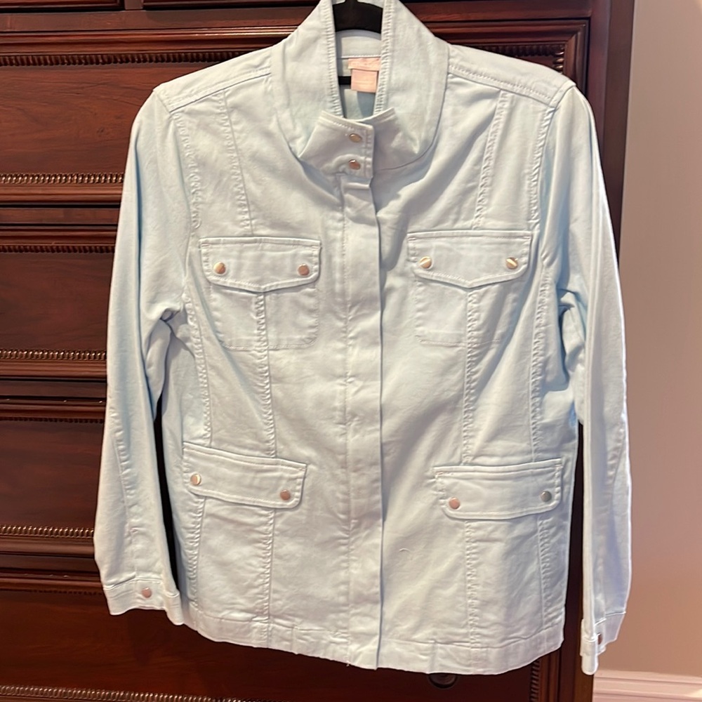 Sky blue lightweight denim fabric with hidden zipper and snap closures